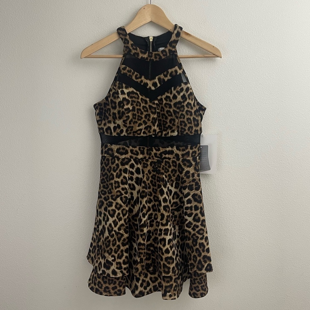 NORDSTROM LEOPARD PRINT BLACK MESH DETAIL FITTED STRECH A-LINE MINI DRESS - Picture 10 of 10